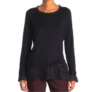 Adrianna Papell NWT Black Knit Raglan Lace Trim Long Sleeve Twofer Sweater